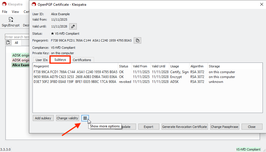 Kleopatra subkey details view with the More Options button highlighted